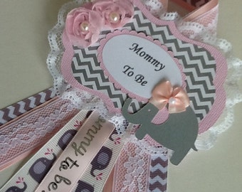 Elephant baby shower corsage/Pink and grey elephant baby shower corsage/Elegant baby shower corsage/Pink and grey chevron baby shower