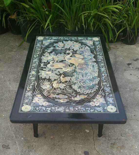 Vintage Asian Folding Table Black Elaborate Peacock Designs