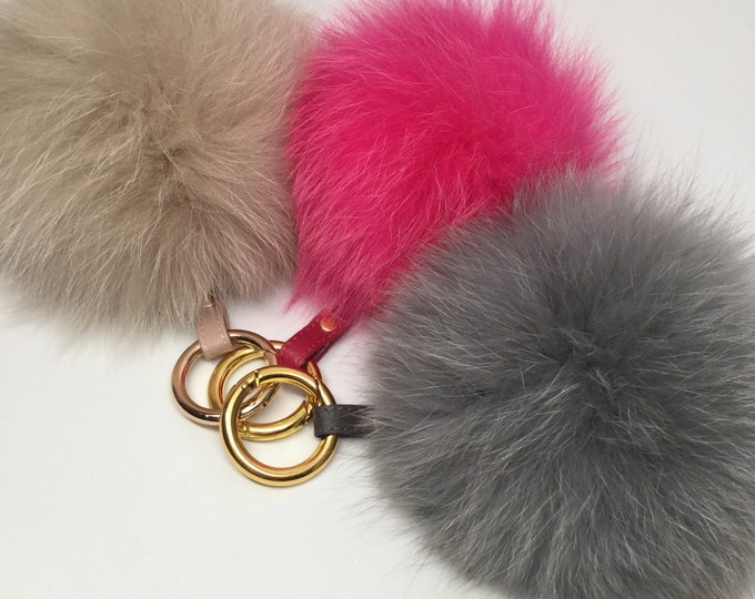 New FOX Fur Pom Pom bag charm keychain with real leather strapand buckle in Hot Pink with gentle white tips