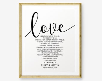 SALE Personalized Wedding Gift,Love is patient, Love is kind, 1 Corinthians 13:4-8, Engagement Gift, Bride and Groom Gift