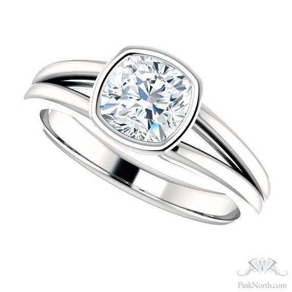 1.10ct Forever One Cushion Cut Bezel Set Solitaire with Split