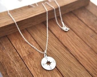Sterling Silver Compass Necklace, Compass Pendant, Compass Necklace, compass Chain, Silver Compass, Compas, boho, bohemian, engraved compass