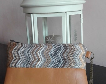 double colour pochette, hand bag, clutch bag - medium brown,cognac real italian leather and fantasy tapestry tissue
