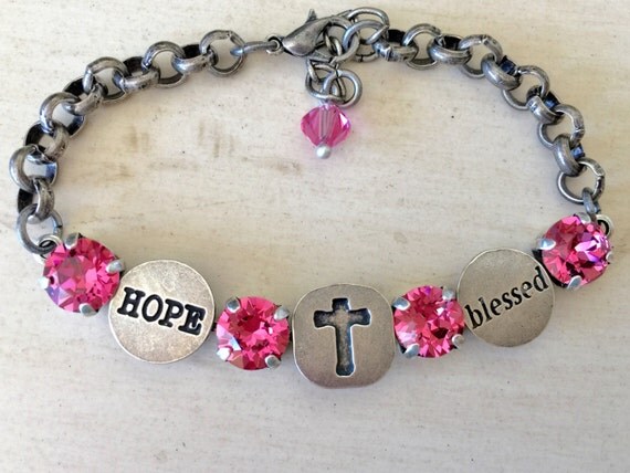 Blessed & Cross Bracelet with October Birthstone Rose Crystals, in Antique Silver