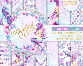 Mermaid Paper Pack Watercolor Sea Scrapbook Underwater Background Seahorse Summer Seamless Patterns Printable DIY Pack Purple Pink Blue