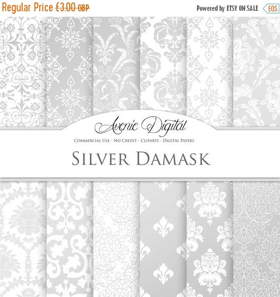 SALE Silver Damask Digital Paper. Scrapbooking by AvenieDigital
