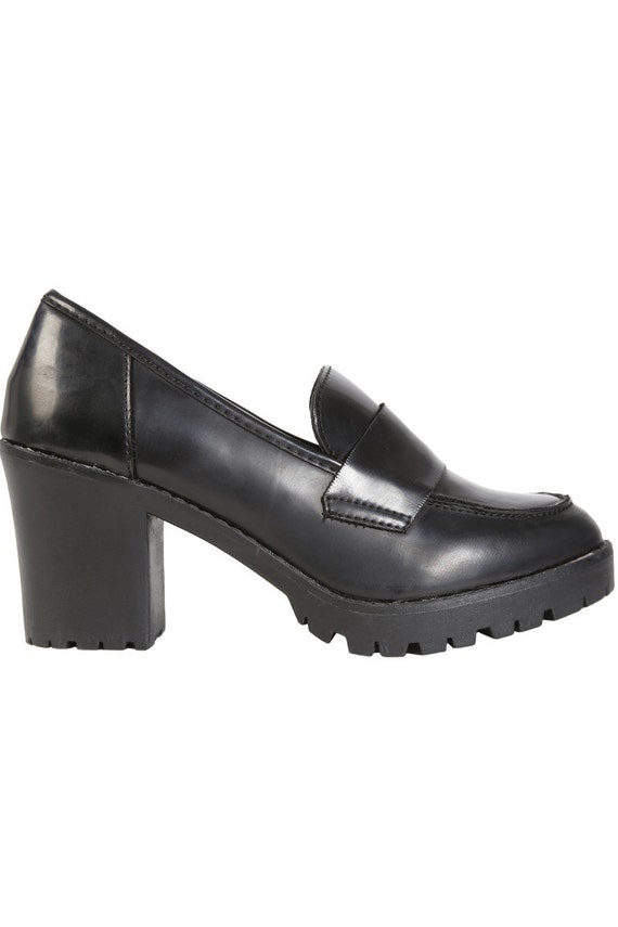 black chunky heel loafers