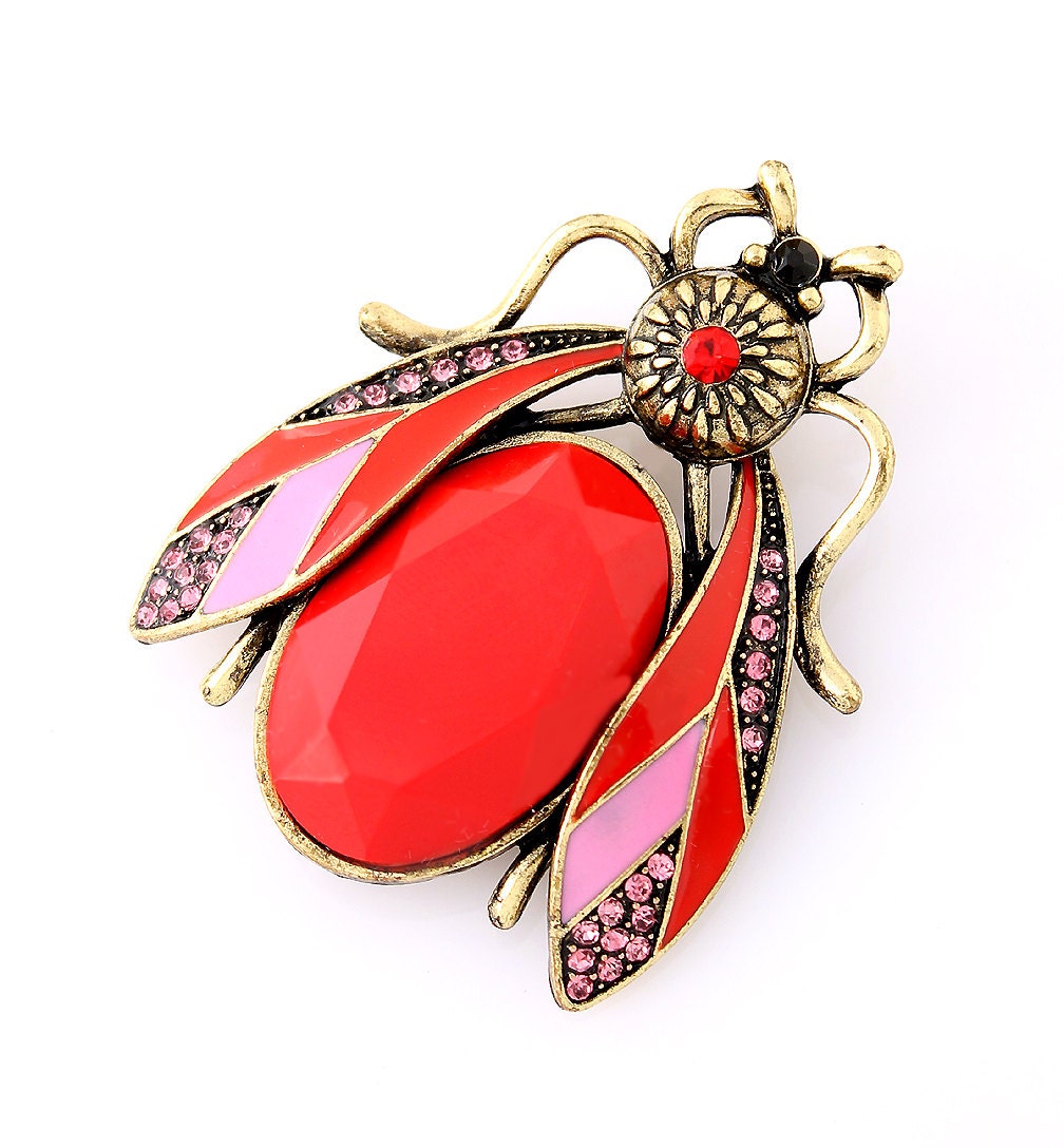 Bug Brooch Bug Broach Gold Red Art Deco Brooch Insect