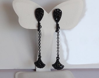 Vintage Drop Earrings Black Enamel Screw Back Faceted