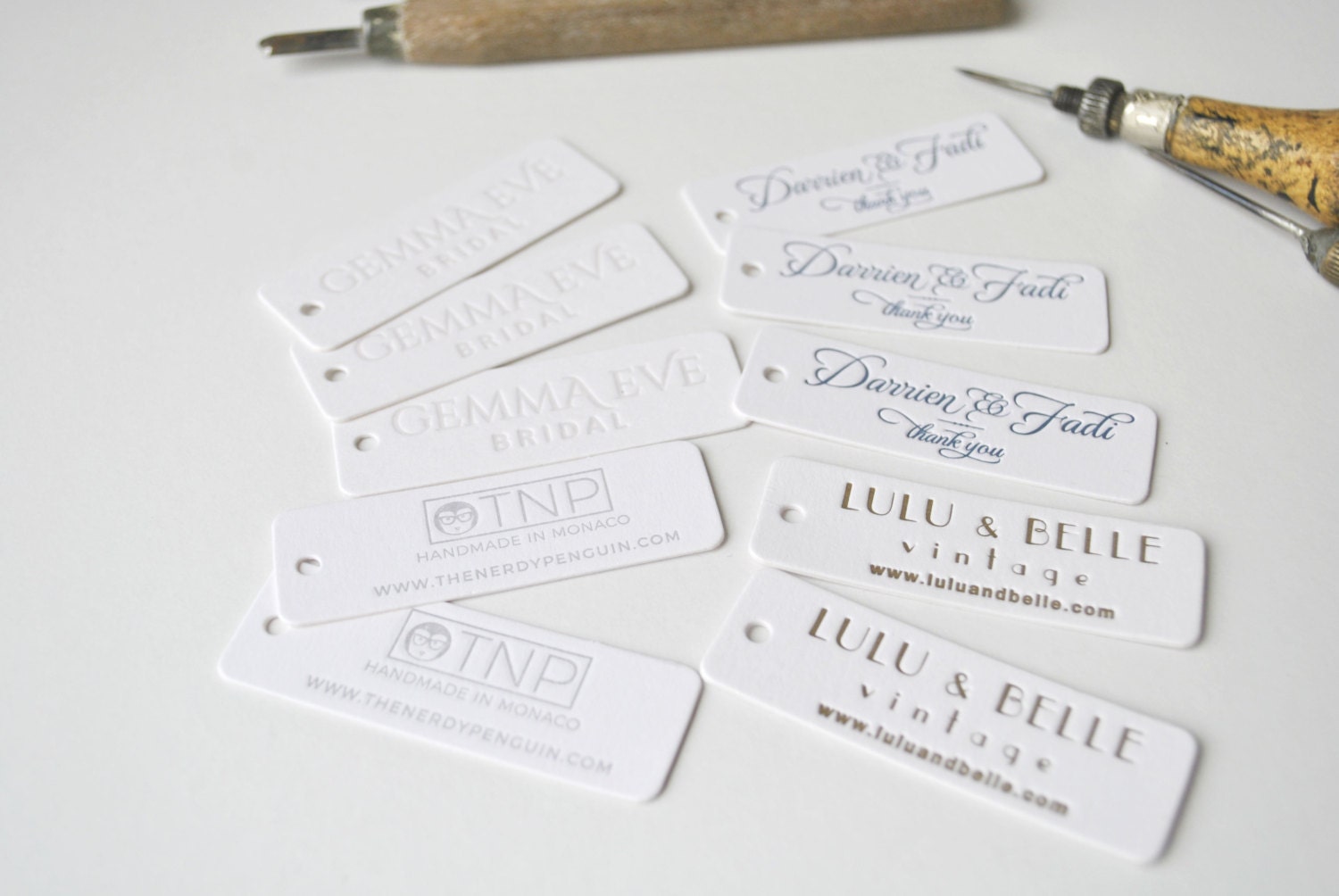 100 Custom letterpress tags; letterpress hang tags, thank you tags