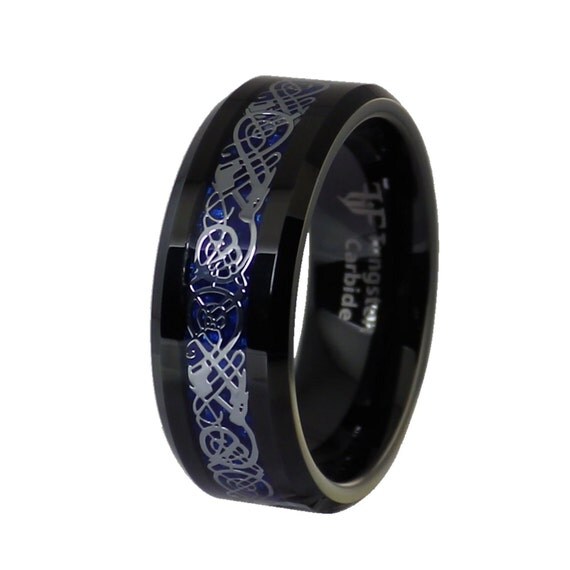 Celtic Dragon Ring Black Tungsten Blue by FantasyForgeJewelry