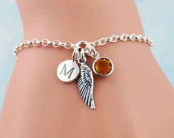 Personalized Angel Wing Bracelet, Angels Bracelet, Angel Jewelry, Tiny Wing Charm Bracelet, Initial Birthstone Bracelet, Sterling Silver