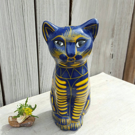 Mexican Folk Art Cat Figurine Painted Redware Clay Pottery