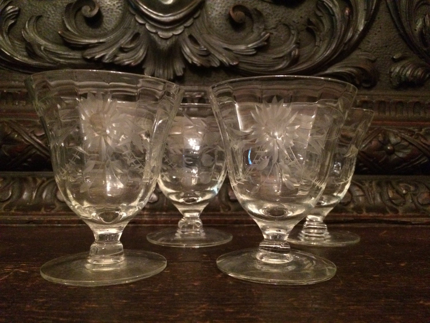 Crystal Dessert Cups Set of 4 Etched Glass Stemmed Circa 1970