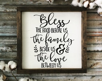 Bless the Food Before Us Wood Sign, Rustic Wood Sign, Framed Sign, Kitchen Sign, Dining Room Sign, Farmhouse Decor, Kitchen Decor