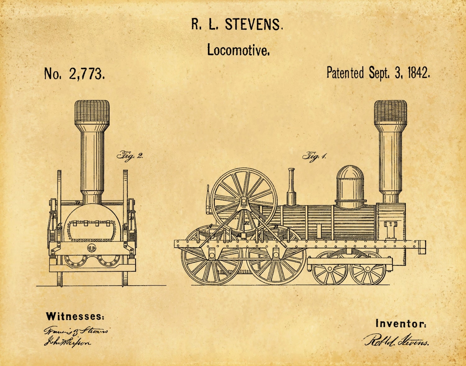 Patent 1842 Locomotive Steam Engine Art Print - Railroad Patent ...