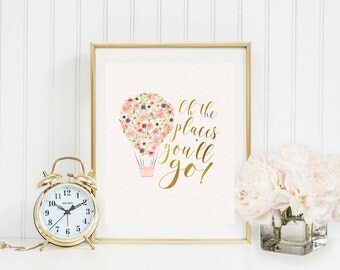 Oh the Places You'll Go! Wall Art, Dr Seuss Printable, Dr Seuss Nursery wall print, Inspirational nursery playroom art, pink hot air balloon