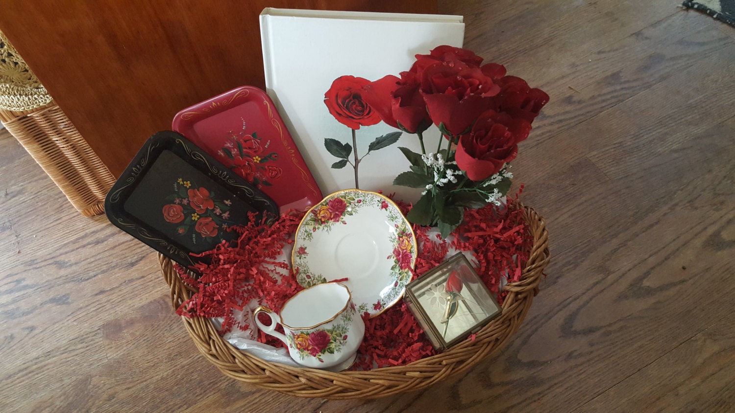 Vintage gift basket for her featuring Red by DauphinTimeCapsule