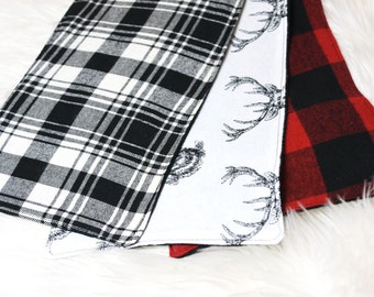 Baby burp cloths- flannel burp cloth, buffalo plaid, deer head, burp cloth set for baby boy, baby girl burp cloths, gender neutral baby gift
