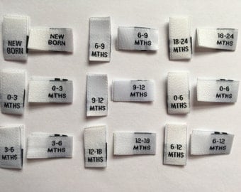 Baby WHITE Woven Size Pips Labels New Born 0-3 3-6 6-9 9-12 12-18 0-6 6-12 18-24 Months Clothing Labels Tabs