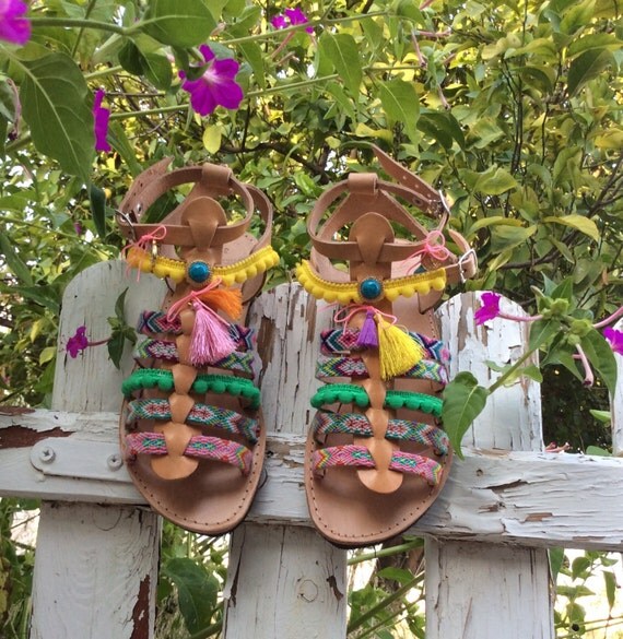 Pom Pom Sandals Greek Leather Sandals perfect for by madammeshushu