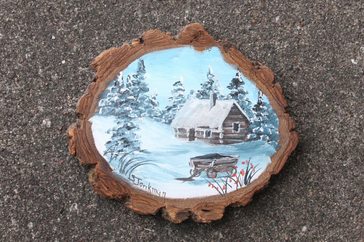 Rustic scene painted on a slab of wood nice by cominhometostay
