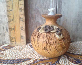 Brown Vase Pottery Oil Lamp with Flower Detail; Carma Pottery