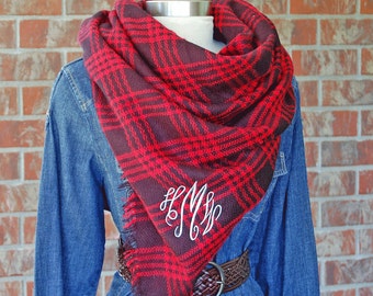 Monogrammed Blanket Scarf-Red Blanket Scarf-Red Scarf-Red Plaid-Monogram Red Scarf-Christmas Plaid-monogram scarf-monogrammed scarf-Personal