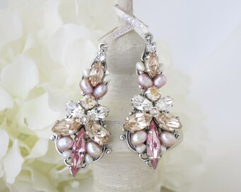 Wedding Earrings, Blush statement chandelier earring, Swarovski crystal and freshwater pearl wedding earring, Pastel bridal earring