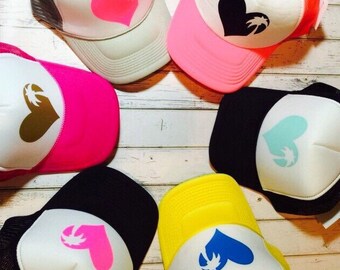 Best selling palm tree heart trucker hat. All sizes are snapback- verify size in description before ordering!