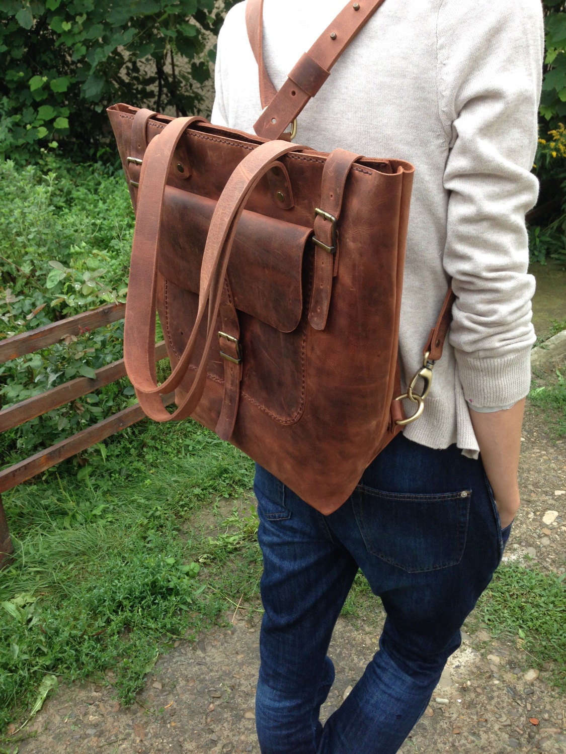 Large Brown Leather Backpack Brown crossbody bagConvertible