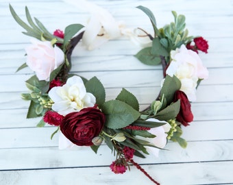 Fall flower crown headband, burgundy and cream flower crown, headband, wedding headband, flower headband, boho flower girl, boho floral crow