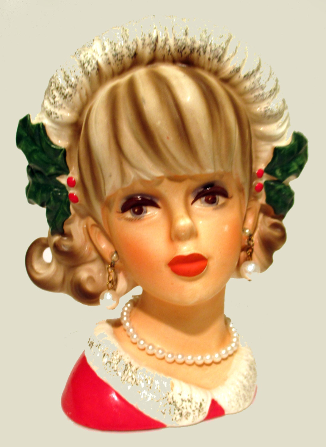 Christmas NAPCO Lady Head Vase. Dressed in Red w/White Collar