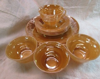 Fire King Peach Luster Breakfast Set With The Laurel Leaf Pattern