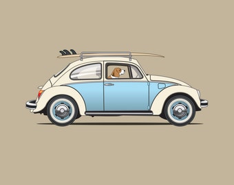 Beagle driving his VW Bug to go surfing print - 'Rusty' Dogs Driving Things Collection - Cute and Fun, perfect illustration for Nursery.