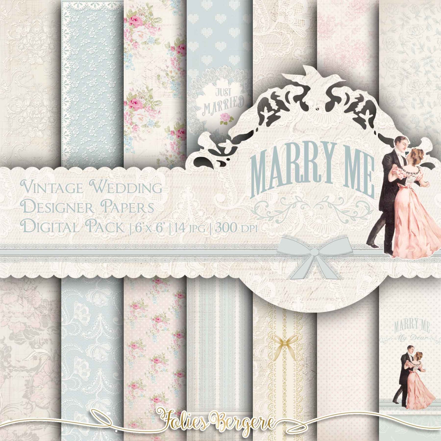 Wedding Digital Paper Pack Vintage Wedding Scrapbook Paper