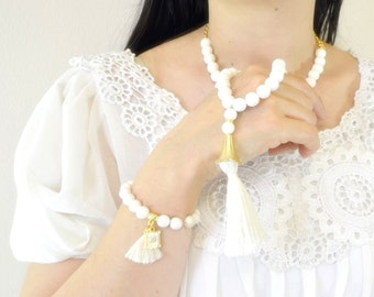 white glass pearl, ivory volcano gemstone beads, rosary necklace, tulip pendant, long tassel, monk chic jewelry, turkish design production