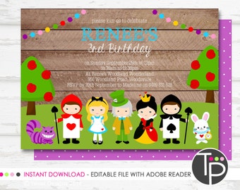 ALICE IN WONDERLAND Invitation, Instant download Alice in Wonderland Invitation, Print yourself Invitation, Edit yourself with Adobe Reader