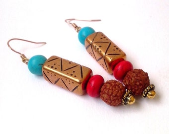 FREE SHIPPING, Handmade Dangle Turquoise Earring, Copper earring,Rudraksha seeds earring