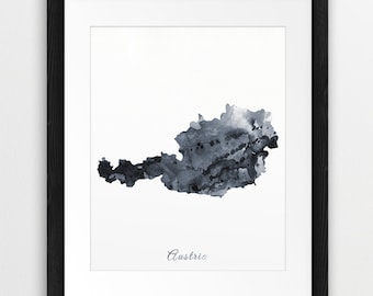 Austria Watercolor Map, Austria Wall Art, Austria Watercolor Grey Black White, Austria Watercolor Print, Austria Map Painting, Printable Art