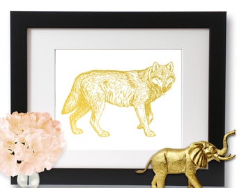 Gold Foil Print, Wolf Print, Wall Art, Wolf Art, Nature Gift Idea, forest creature art