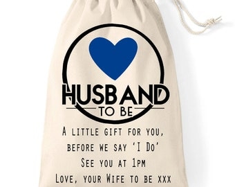 Wedding day Husband to be personalised gift bag | A gift bag for your groom | Cotton bag with navy heart design.