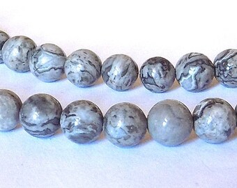 Lot de 10 perles jaspe paysage naturelles grises 8 mm