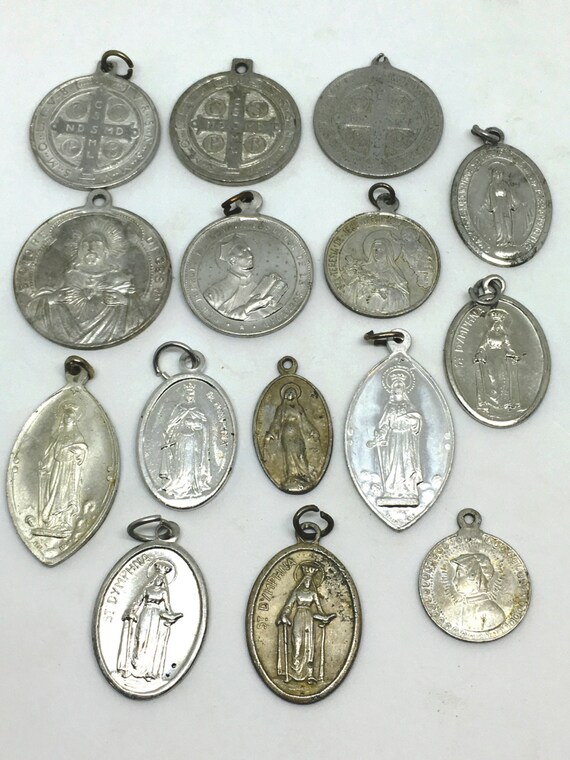 Vintage Religious Medals Qty 15 Old Aluminum Religious