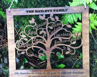 Large Personalised Family Tree Wall Art Engraved family names wooden gift Personalized Wedding Anniversary Birthday Present