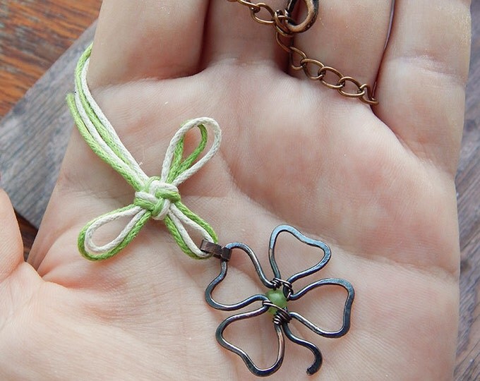 Four leaf clover pendant, good luck knot, copper wire, Wire wrapped necklace, green shamrock, luck mascot, green and white, everyday jewelry
