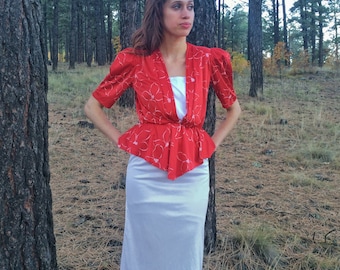 30% OFF Red and White Peplum Dress with Floral Polynesian Print; Hawaiian Print 1940s Style Dress; 80s does 40s 1980s