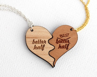 Better Half Best Half Wooden Necklace Set - Laser Cut Wooden Funny Better Half Best Half Couples Necklace Set