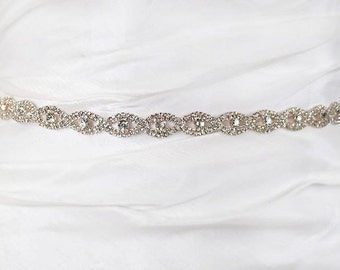 Vintage Pearl Crystal Silver Satin Wedding Sash Crystal