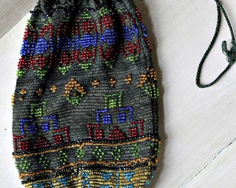 Vintage Beaded Drawstring Purse-Woman's purse,bag,Boho,Shabby-FREE SHIPPING